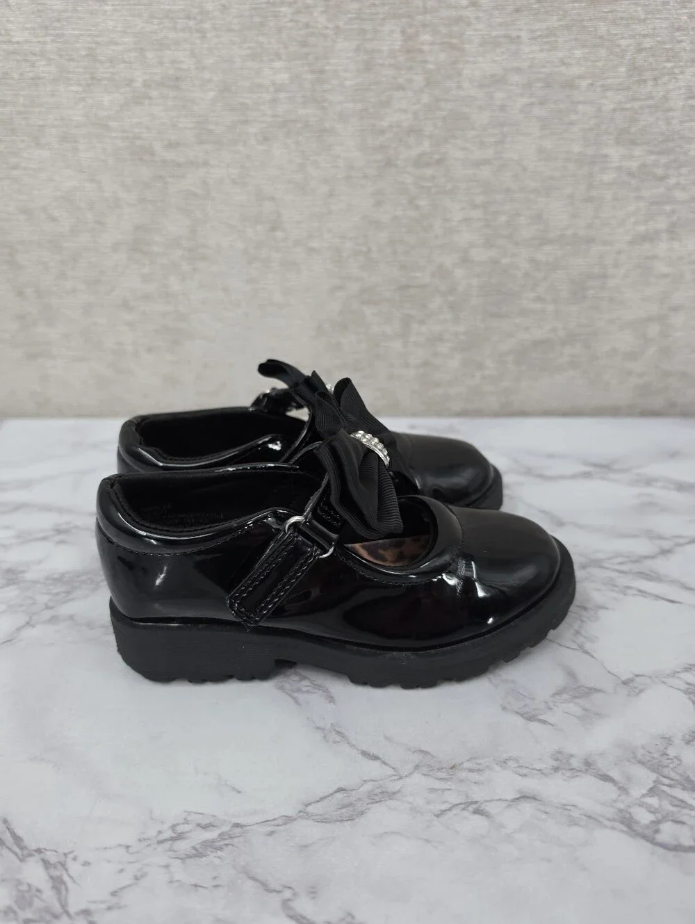 Girls Black Patent Bow Mary Jane Shoes Rhinestone Shoe Clips